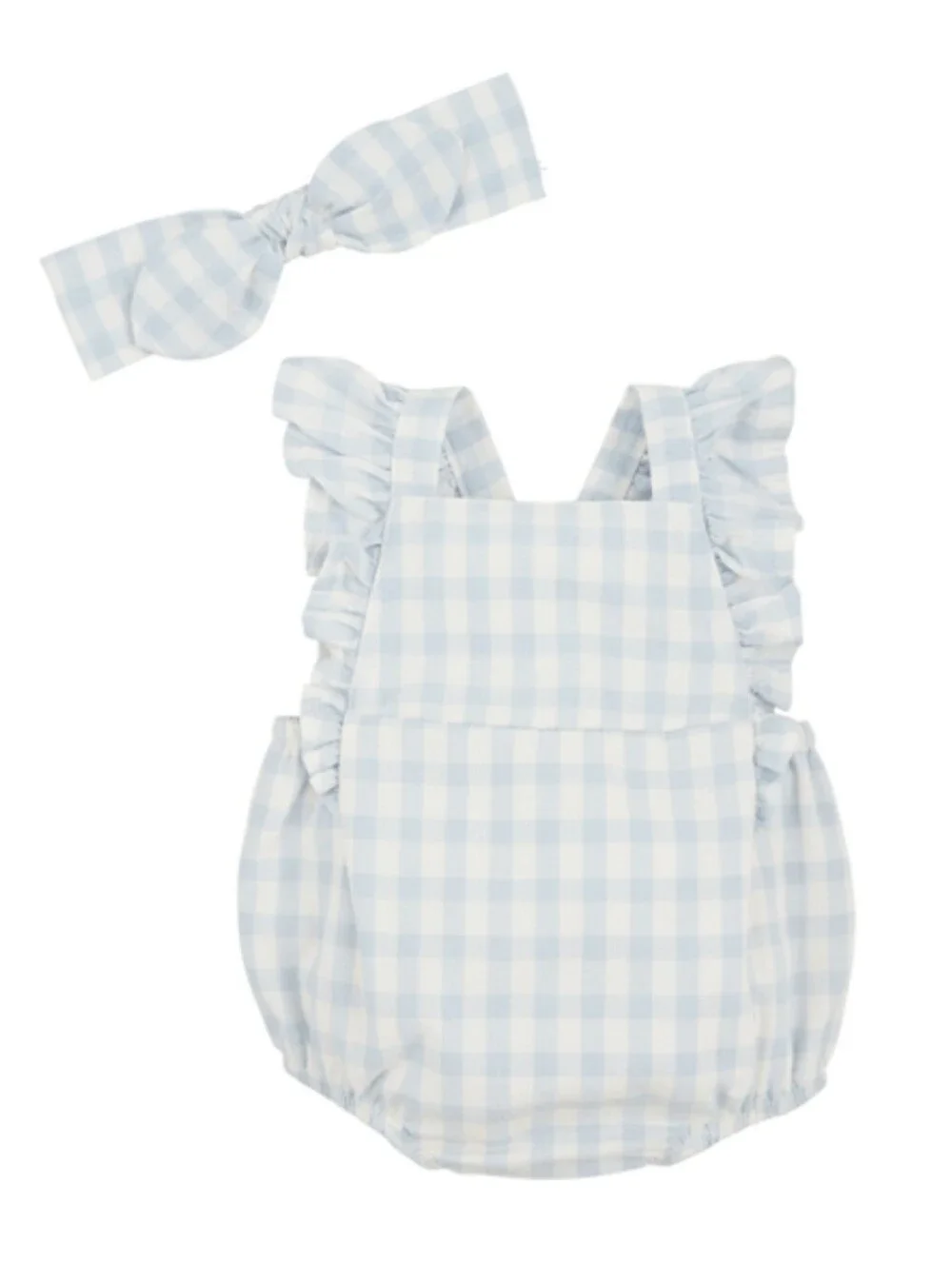 Mud Pie Light Blue Gingham Baby Romper with Headband